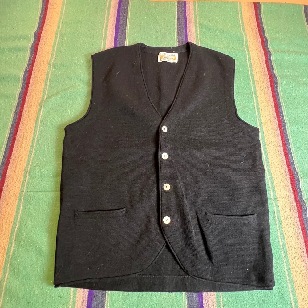 Golden Brent Vest Mens M Black 1960s Wool Knit Button Front Made in Italy BB60